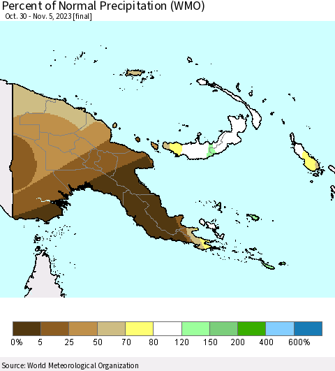 Papua New Guinea Percent of Normal Precipitation (WMO) Thematic Map For 10/30/2023 - 11/5/2023