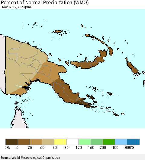 Papua New Guinea Percent of Normal Precipitation (WMO) Thematic Map For 11/6/2023 - 11/12/2023