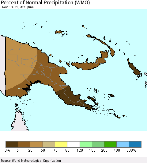 Papua New Guinea Percent of Normal Precipitation (WMO) Thematic Map For 11/13/2023 - 11/19/2023