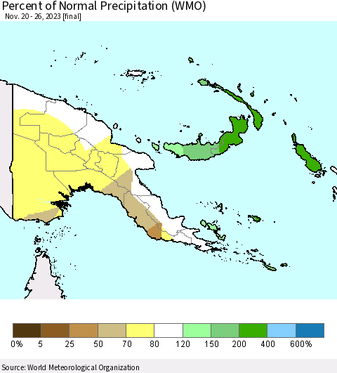 Papua New Guinea Percent of Normal Precipitation (WMO) Thematic Map For 11/20/2023 - 11/26/2023