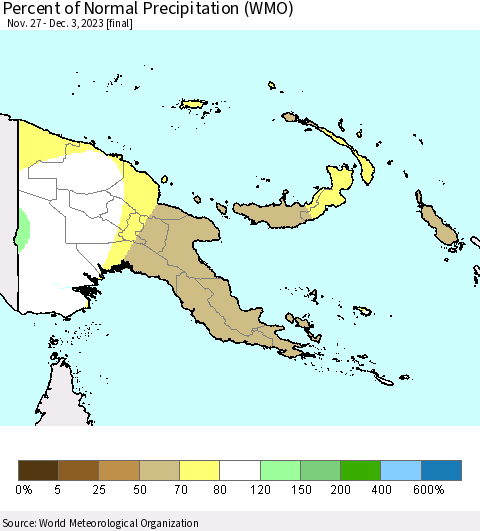 Papua New Guinea Percent of Normal Precipitation (WMO) Thematic Map For 11/27/2023 - 12/3/2023