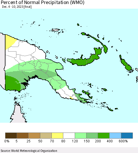 Papua New Guinea Percent of Normal Precipitation (WMO) Thematic Map For 12/4/2023 - 12/10/2023