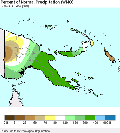 Papua New Guinea Percent of Normal Precipitation (WMO) Thematic Map For 12/11/2023 - 12/17/2023