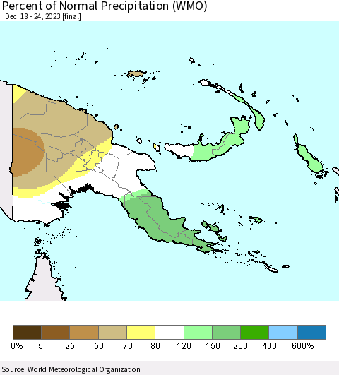 Papua New Guinea Percent of Normal Precipitation (WMO) Thematic Map For 12/18/2023 - 12/24/2023