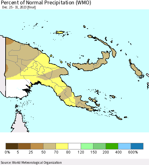 Papua New Guinea Percent of Normal Precipitation (WMO) Thematic Map For 12/25/2023 - 12/31/2023