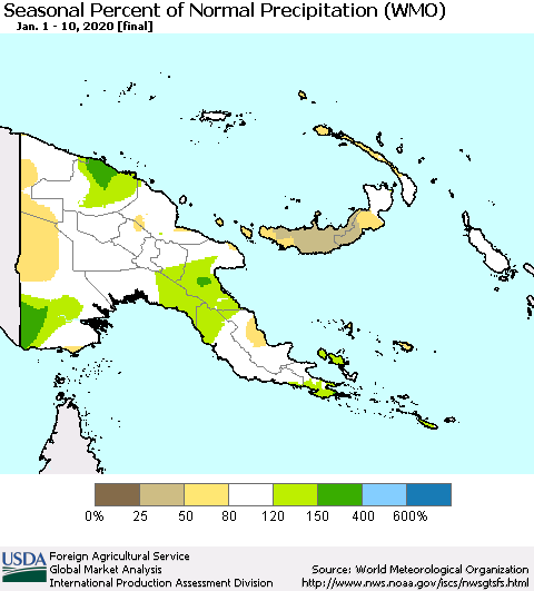 Papua New Guinea Seasonal Percent of Normal Precipitation (WMO) Thematic Map For 1/1/2020 - 1/10/2020