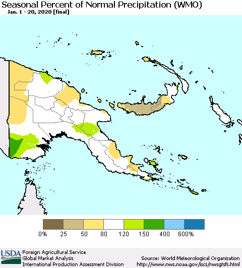 Papua New Guinea Seasonal Percent of Normal Precipitation (WMO) Thematic Map For 1/1/2020 - 1/20/2020
