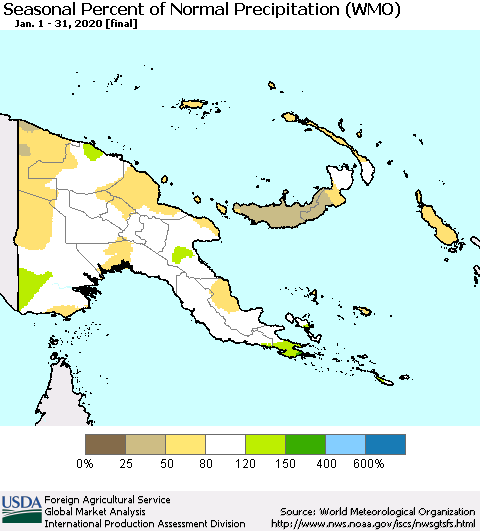 Papua New Guinea Seasonal Percent of Normal Precipitation (WMO) Thematic Map For 1/1/2020 - 1/31/2020
