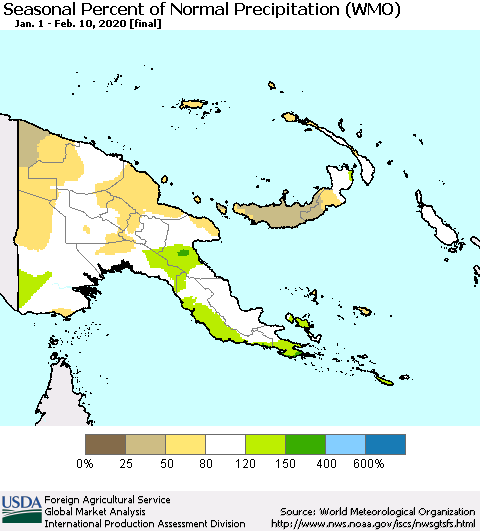 Papua New Guinea Seasonal Percent of Normal Precipitation (WMO) Thematic Map For 1/1/2020 - 2/10/2020