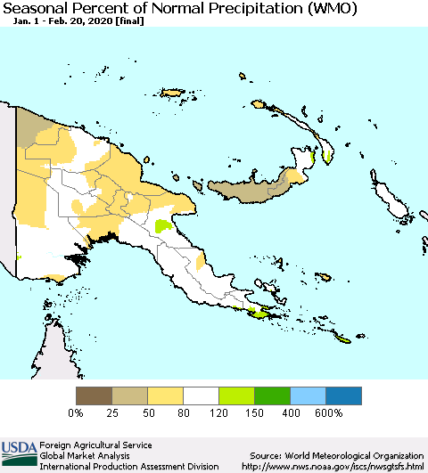 Papua New Guinea Seasonal Percent of Normal Precipitation (WMO) Thematic Map For 1/1/2020 - 2/20/2020