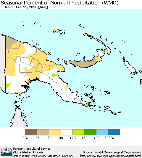 Papua New Guinea Seasonal Percent of Normal Precipitation (WMO) Thematic Map For 1/1/2020 - 2/29/2020