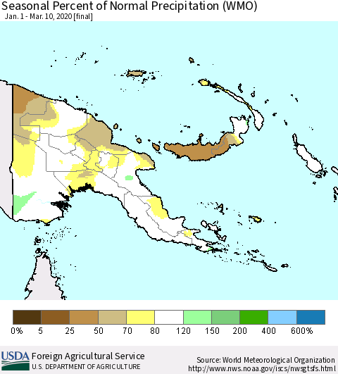 Papua New Guinea Seasonal Percent of Normal Precipitation (WMO) Thematic Map For 1/1/2020 - 3/10/2020