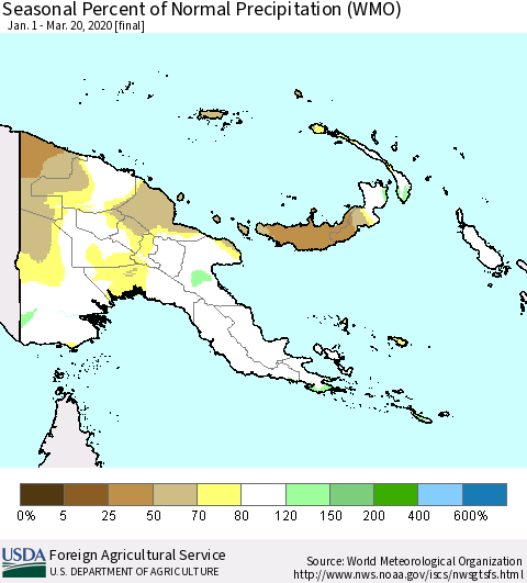 Papua New Guinea Seasonal Percent of Normal Precipitation (WMO) Thematic Map For 1/1/2020 - 3/20/2020