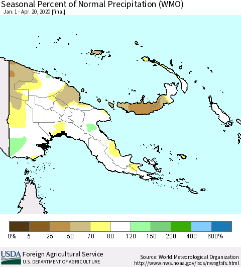 Papua New Guinea Seasonal Percent of Normal Precipitation (WMO) Thematic Map For 1/1/2020 - 4/20/2020