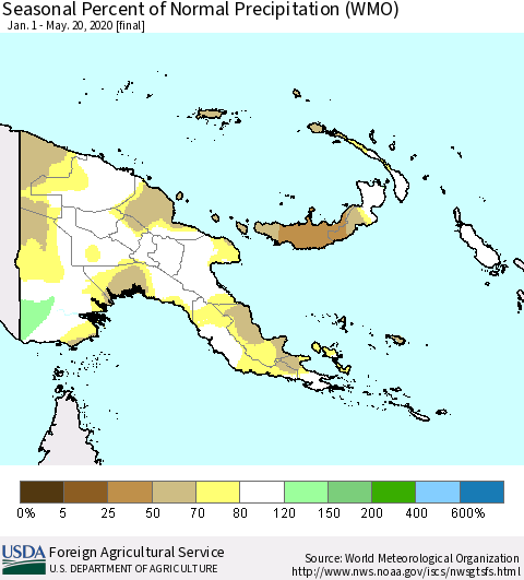 Papua New Guinea Seasonal Percent of Normal Precipitation (WMO) Thematic Map For 1/1/2020 - 5/20/2020