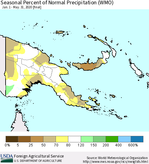 Papua New Guinea Seasonal Percent of Normal Precipitation (WMO) Thematic Map For 1/1/2020 - 5/31/2020