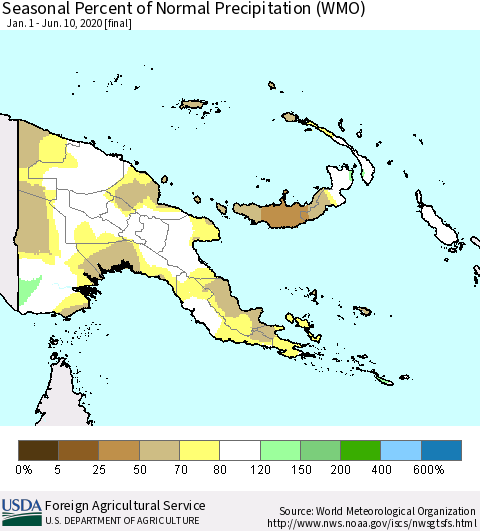 Papua New Guinea Seasonal Percent of Normal Precipitation (WMO) Thematic Map For 1/1/2020 - 6/10/2020