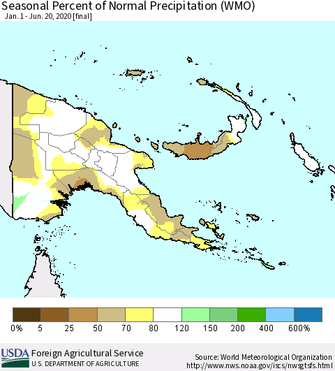 Papua New Guinea Seasonal Percent of Normal Precipitation (WMO) Thematic Map For 1/1/2020 - 6/20/2020