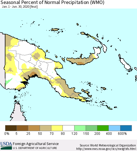 Papua New Guinea Seasonal Percent of Normal Precipitation (WMO) Thematic Map For 1/1/2020 - 6/30/2020