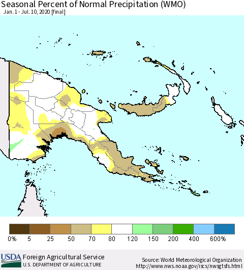 Papua New Guinea Seasonal Percent of Normal Precipitation (WMO) Thematic Map For 1/1/2020 - 7/10/2020