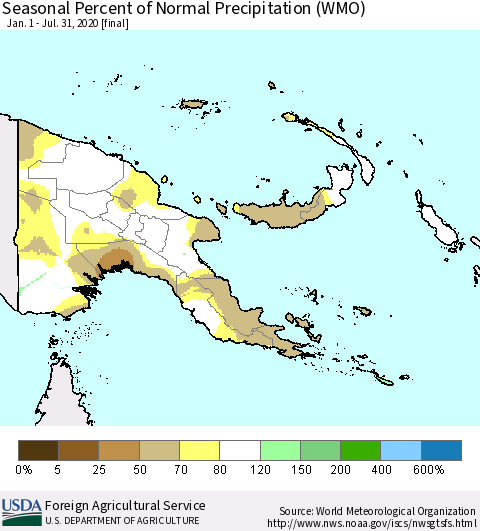 Papua New Guinea Seasonal Percent of Normal Precipitation (WMO) Thematic Map For 1/1/2020 - 7/31/2020