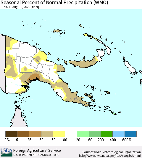 Papua New Guinea Seasonal Percent of Normal Precipitation (WMO) Thematic Map For 1/1/2020 - 8/10/2020