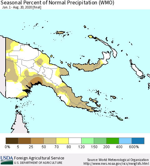 Papua New Guinea Seasonal Percent of Normal Precipitation (WMO) Thematic Map For 1/1/2020 - 8/20/2020