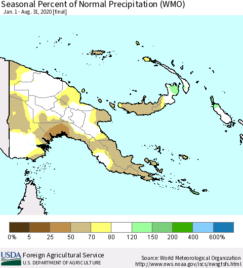 Papua New Guinea Seasonal Percent of Normal Precipitation (WMO) Thematic Map For 1/1/2020 - 8/31/2020