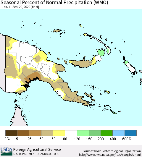 Papua New Guinea Seasonal Percent of Normal Precipitation (WMO) Thematic Map For 1/1/2020 - 9/20/2020
