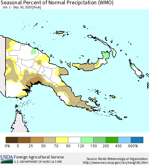 Papua New Guinea Seasonal Percent of Normal Precipitation (WMO) Thematic Map For 1/1/2020 - 9/30/2020