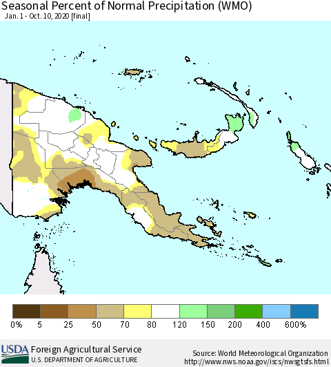 Papua New Guinea Seasonal Percent of Normal Precipitation (WMO) Thematic Map For 1/1/2020 - 10/10/2020