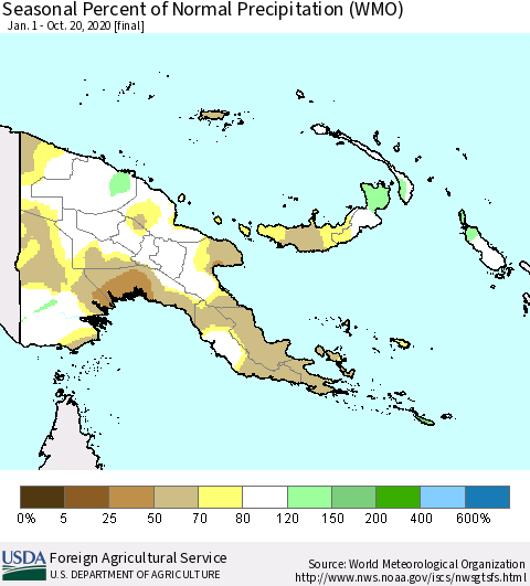 Papua New Guinea Seasonal Percent of Normal Precipitation (WMO) Thematic Map For 1/1/2020 - 10/20/2020