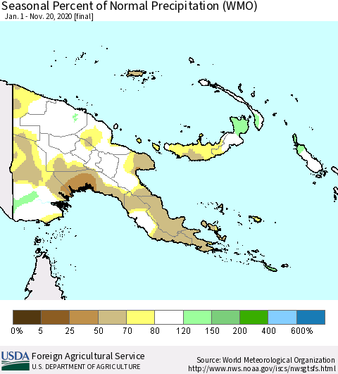 Papua New Guinea Seasonal Percent of Normal Precipitation (WMO) Thematic Map For 1/1/2020 - 11/20/2020