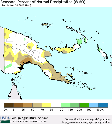 Papua New Guinea Seasonal Percent of Normal Precipitation (WMO) Thematic Map For 1/1/2020 - 11/30/2020