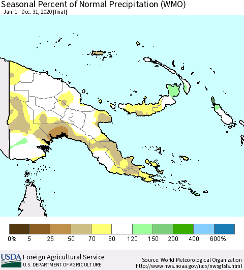 Papua New Guinea Seasonal Percent of Normal Precipitation (WMO) Thematic Map For 1/1/2020 - 12/31/2020