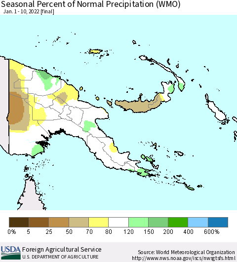 Papua New Guinea Seasonal Percent of Normal Precipitation (WMO) Thematic Map For 1/1/2022 - 1/10/2022