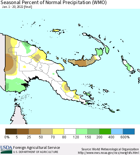 Papua New Guinea Seasonal Percent of Normal Precipitation (WMO) Thematic Map For 1/1/2022 - 1/20/2022