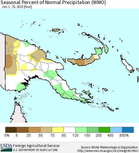 Papua New Guinea Seasonal Percent of Normal Precipitation (WMO) Thematic Map For 1/1/2022 - 1/31/2022