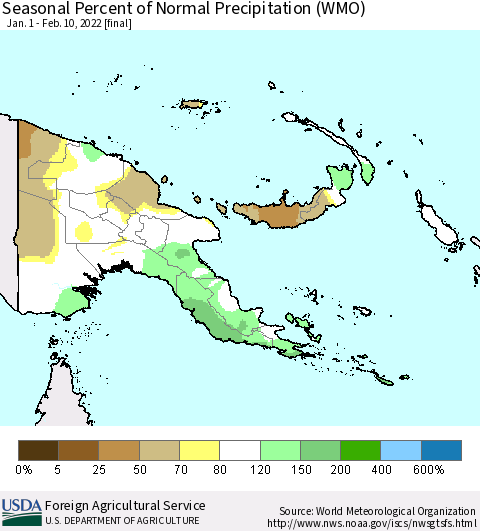 Papua New Guinea Seasonal Percent of Normal Precipitation (WMO) Thematic Map For 1/1/2022 - 2/10/2022