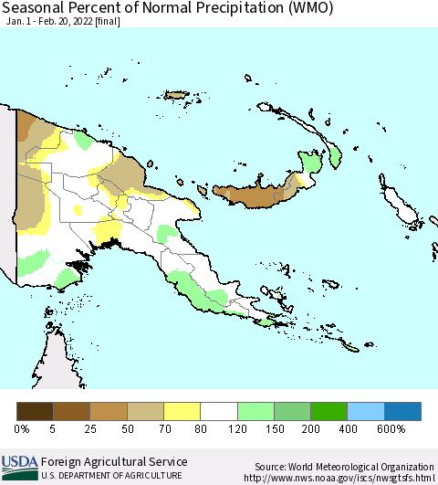Papua New Guinea Seasonal Percent of Normal Precipitation (WMO) Thematic Map For 1/1/2022 - 2/20/2022
