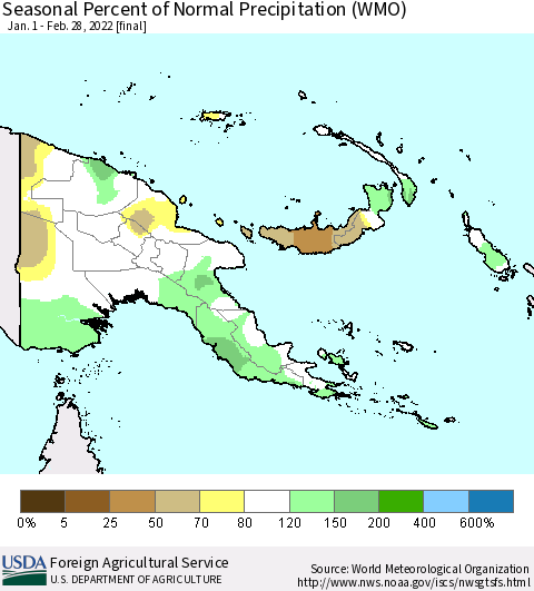 Papua New Guinea Seasonal Percent of Normal Precipitation (WMO) Thematic Map For 1/1/2022 - 2/28/2022