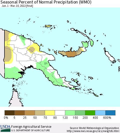 Papua New Guinea Seasonal Percent of Normal Precipitation (WMO) Thematic Map For 1/1/2022 - 3/10/2022