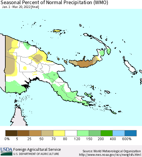 Papua New Guinea Seasonal Percent of Normal Precipitation (WMO) Thematic Map For 1/1/2022 - 3/20/2022