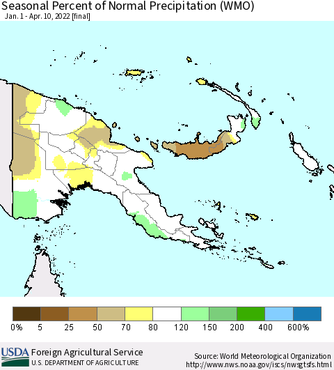 Papua New Guinea Seasonal Percent of Normal Precipitation (WMO) Thematic Map For 1/1/2022 - 4/10/2022