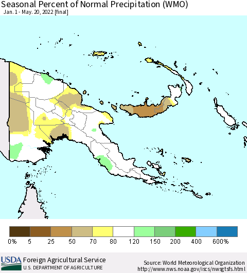 Papua New Guinea Seasonal Percent of Normal Precipitation (WMO) Thematic Map For 1/1/2022 - 5/20/2022