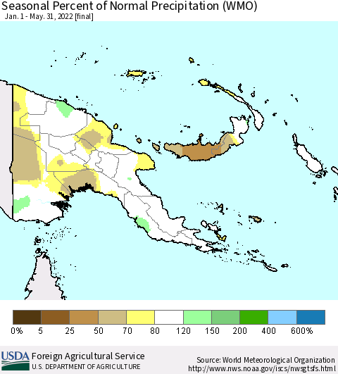 Papua New Guinea Seasonal Percent of Normal Precipitation (WMO) Thematic Map For 1/1/2022 - 5/31/2022