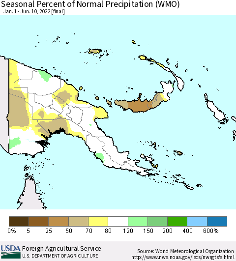 Papua New Guinea Seasonal Percent of Normal Precipitation (WMO) Thematic Map For 1/1/2022 - 6/10/2022