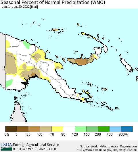 Papua New Guinea Seasonal Percent of Normal Precipitation (WMO) Thematic Map For 1/1/2022 - 6/20/2022