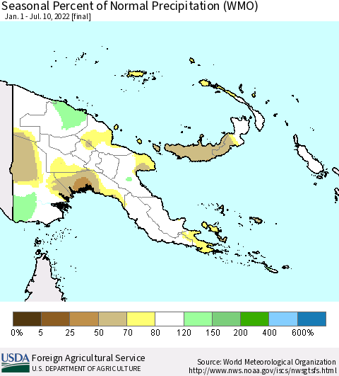 Papua New Guinea Seasonal Percent of Normal Precipitation (WMO) Thematic Map For 1/1/2022 - 7/10/2022