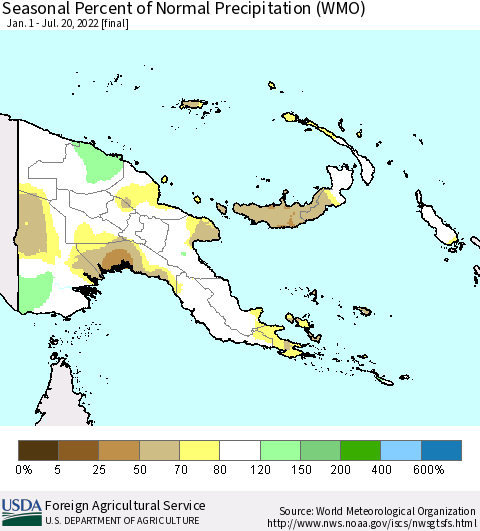 Papua New Guinea Seasonal Percent of Normal Precipitation (WMO) Thematic Map For 1/1/2022 - 7/20/2022